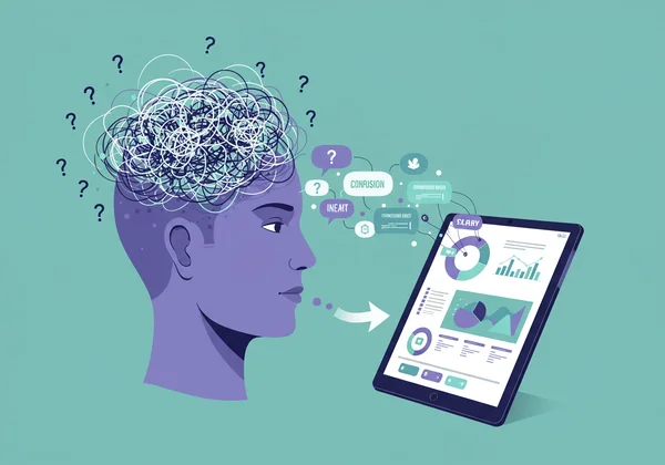 Person moving from confusion to clarity with digital report