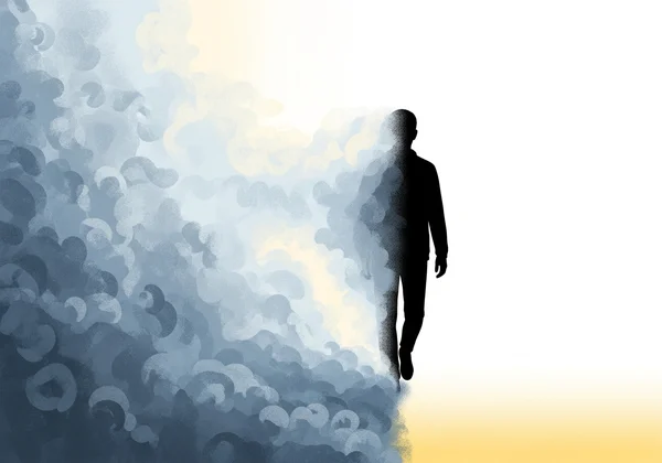 Person breaking through clouds of confusion to find clarity.