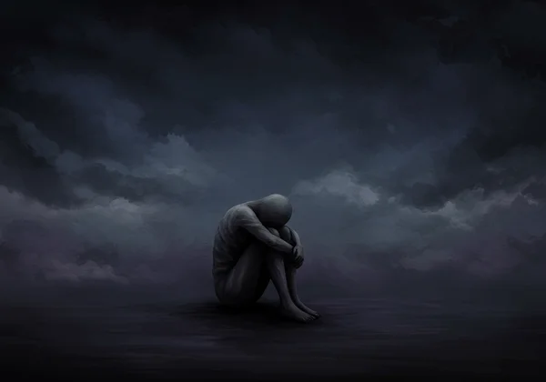 Figure depicting profound sadness and exhaustion