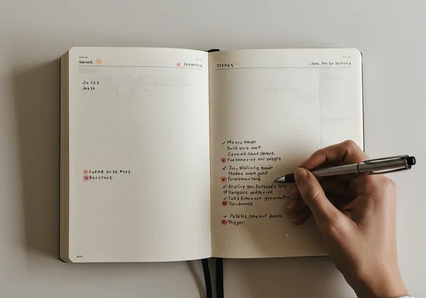 Hand writing in a mood journal, tracking emotions and patterns.